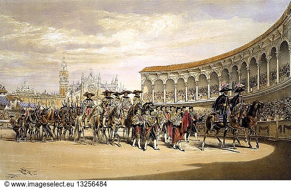 Colour lithograph depicting the entry of the Toreros in procession. The illustration shows bullfighters in procession in a stadium  Seville  Spain. Created by William Frederick Lake Price (1810-1896) English watercolourist and an innovator in mid-nineteenth century photography. Dated 1865