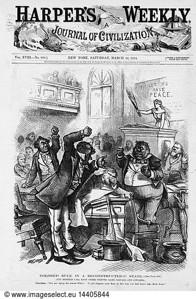 Coloured Rule in a Reconstituted State. Front cover of "Harper"s Weekly "  New York  March 1874 ridiculing the uproar in the South Carolina Legislature . Columbia is trying to establish peace. Government Democracy