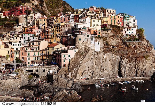 Colourful buildings on cliff side  Manarola  Italian Riviera  Liguria  Italy.