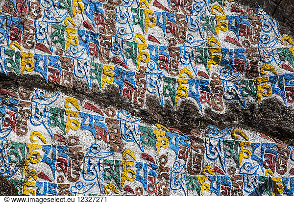 Colourful Tibetan script on a boulder in the Nepalese Himalayas; Nepal