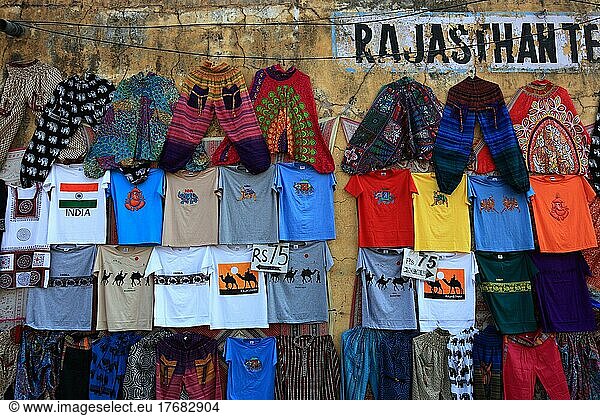 Colourful trousers and T-shirts as souvenirs at a stall  Rajasthan  North India  India  Asia