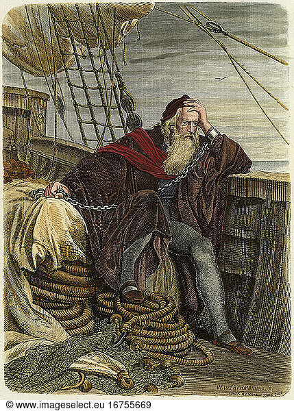 Columbus  Christopher;
Italian explorer and navigator (discovered the Americas); 1451-1506. “Columbus in Chains (In October 1500  Francisco de Bobadilla had Columbus sent back to Spain in chains after Columbus refused to recognise him as governor of Haiti). Woodcut  c. 1875. by Wilhelm Werthmann after Anton Robert Leinweber (1845–1921)  coloured at a later date.