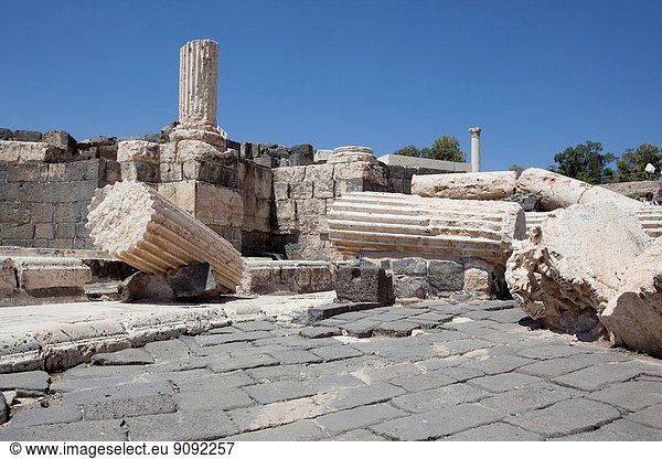 Columns toppled by a massive earthquake in the ancient Roman city of Beit She'an Israel