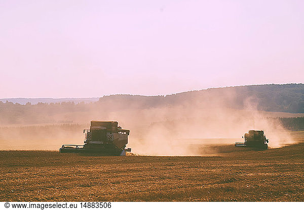 Combine harvesters harvesting dusty wheat field
