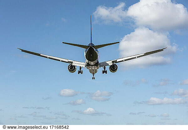 Commercial airplane preparing to land