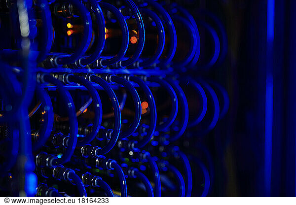 Computer cables by blue neon light in server room