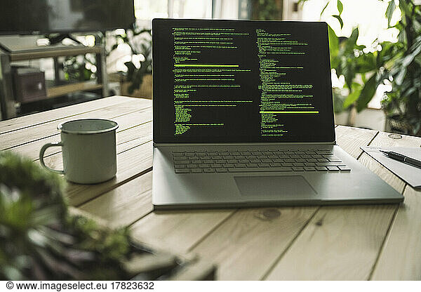 Computer coding language on laptop screen at home office