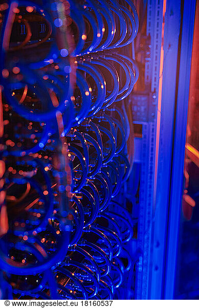 Computer data cables with red and blue neon light in control room
