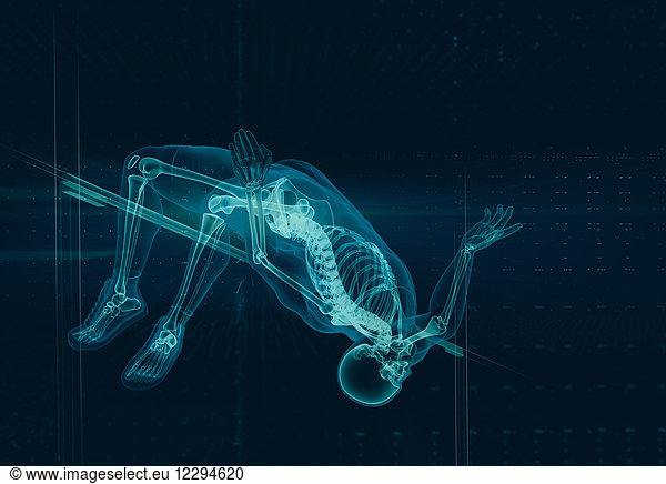 Computer generated image x-ray skeleton track and field athlete high jumping