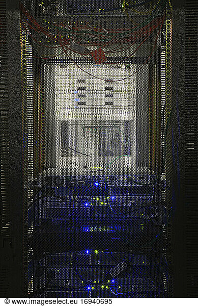 Computer server in cabinet.