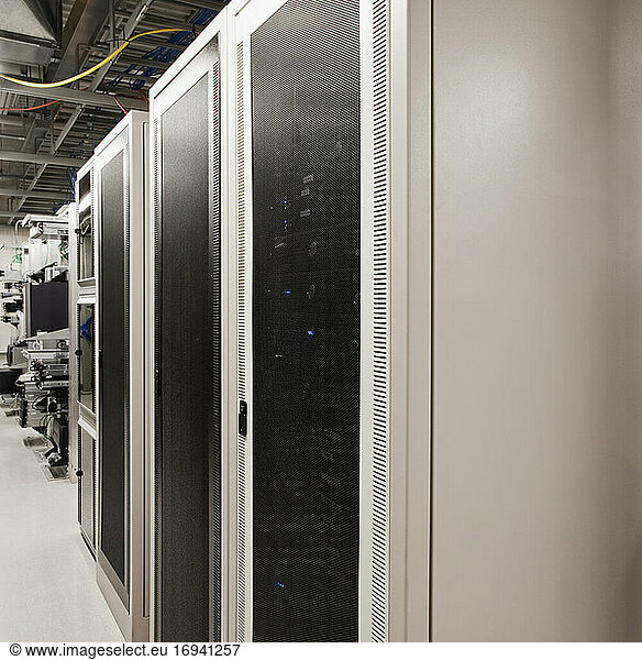 Computer servers in cabinet.