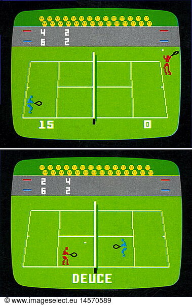 computing / electronic  video  games  tennis video game  two screenshots  Germany  circa 1980  historic  historical  technics  technic  invention  tele game  play  screen  6:9  panel  screenshot  produced by Mattel Electronics  play station Intellivision  colour  1980s  20th century