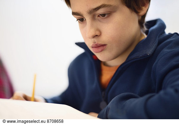 Concentrated schoolboy studying