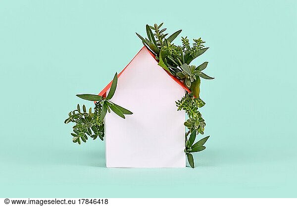 Concept for energy efficiency and carbon neutrality in buildings by using green construction designs and renewable energy showing house with leaves