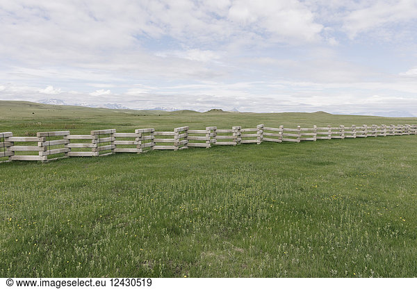 Concrete snow barrier  angled fencing across a verdant mountain meadow.