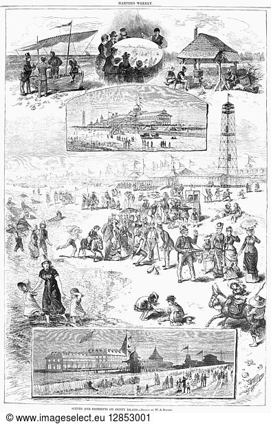 CONEY ISLAND  1878. Scenes from a summer day at Coney Island  Brooklyn  New York. Wood engravings after W.A. Rogers  1878.