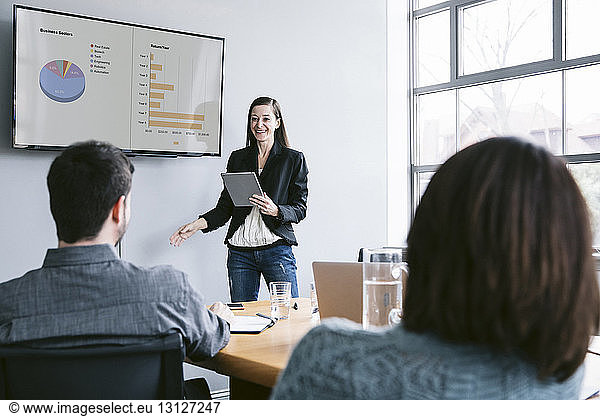 Confident businesswoman giving presentation to colleagues in meeting at board room
