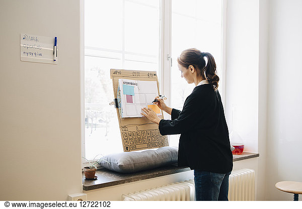 Confident businesswoman writing strategy on placard over window sill at creative office