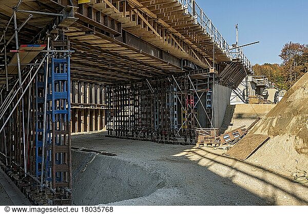Construction site  construction of a bridge with construction supports and formwork for concrete  federal road  Freising  Upper Bavaria  Bavaria  Germany  Europe
