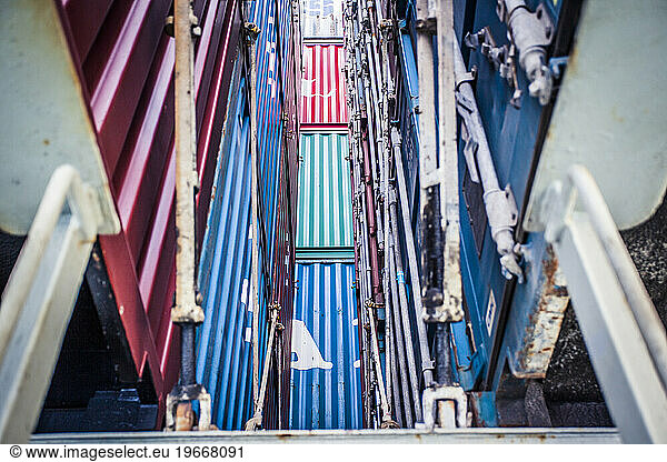 Containers stacked on top of each other on a container ship at sea