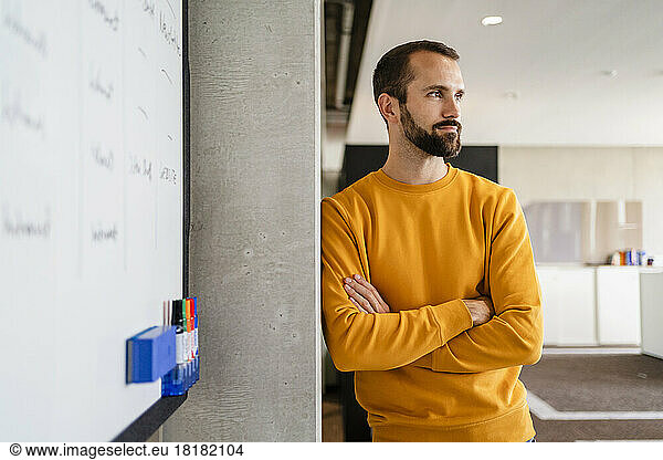 Contemplative businessman leaning with arms crossed on wall at workplace
