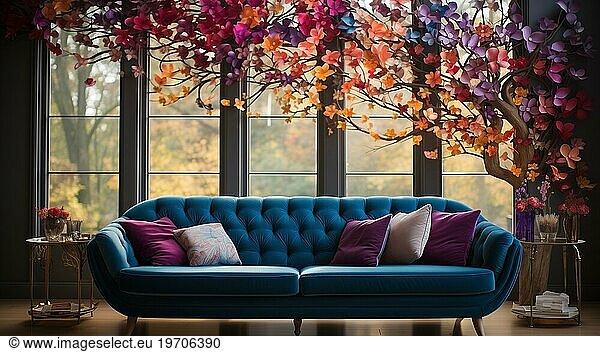 Contemporary home interior of beautiful and colorful couch and decorative tree. generative AI