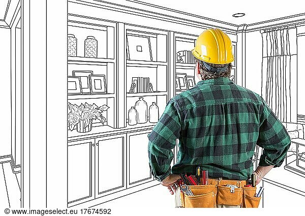 Contractor facing custom built-in shelves and cabinets wall design drawing