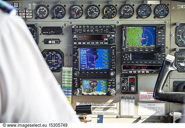 Control panel of a plane flying over Hervey Bay  Queensland  Australia