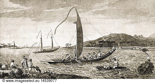Cook  James  27.10.1728 - 14.2.1779  engl. Seefahrer und Entdecker  Reise  Einwohner v. Otahiti in ihren Booten  Stich zum Reisebericht 1774