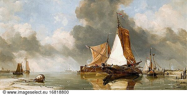 Cooke Edward William - ein niederländisches ruhiges Zuider Zee Fischerboot - Französische Schule - 19. Jahrhundert.