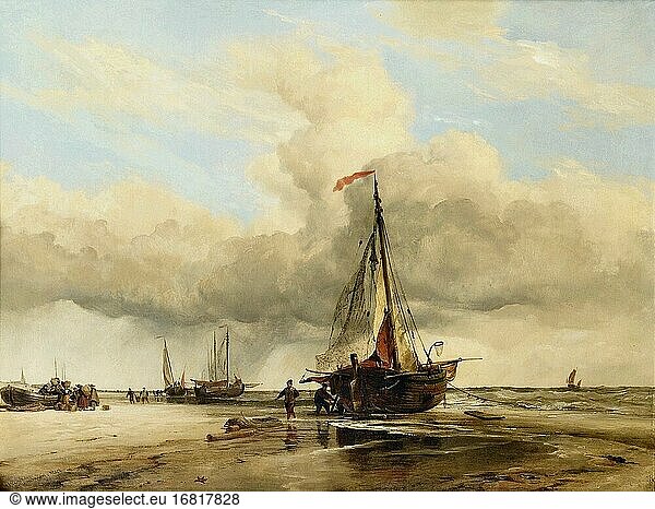 Cooke Edward William - Holländische Trawler trocknen ihre Segel und Netze am Strand von Scheveningen - Französische Schule - 19. Jahrhundert.