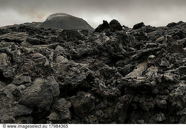 Cooled lava flows  active crater Crater  Fagradalsfjall mesa volcano  Krýsuvík volcanic system  Reykjanes Peninsula  Iceland  Europe