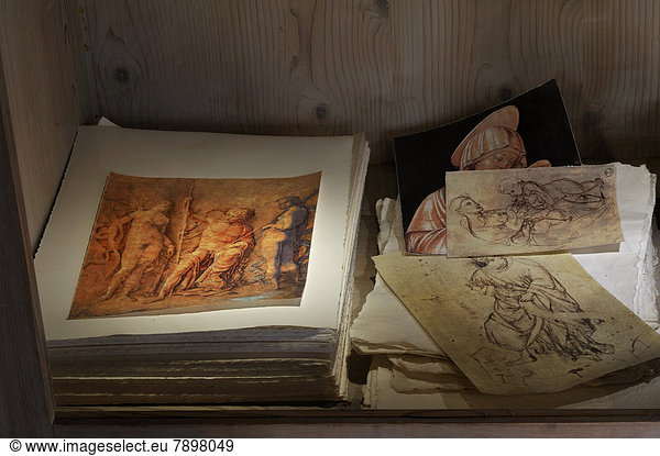 Copies of prints and drawings by Albrecht Duerer in a display case  Albrecht Duerer House