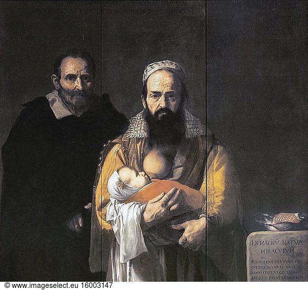 Copy on ceramic boards of The Bearded Woman  after a painting by Jose de Ribera displayed in the Casa de Pilatos  or Pilate?.s House  Seville  Seville Province  Andalusia  southern Spain. The picture shows Magdalena Ventura aged 52 with one of her three children. Her husband Felici de Amici stands beside her. At the age of 37 Magdalena began to grow her beard.