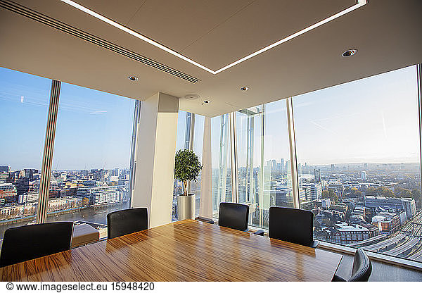 Corner conference room with scenic cityscape view  London  UK