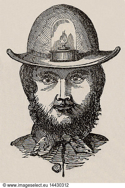 Cornish miner"s skull-cap lamp  for carrying on the head  or on the front of the wheelbarrow when going up an adit. Easily removed from helmet and could be fixed wherever needed. From "The Playbook of Metals" by John Henry Pepper (London  1862). Engraving.