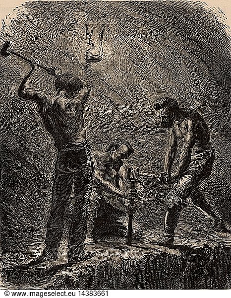 Cornish miners boring a hole to take a charge of explosive. One miner holds the metal borer upright and the two strikers hit it with sledge hammers until the hole has been made. Cornwall  England. From "Underground Life; or  Mines and Miners" by Louis Simonin (London  1869). Wood engraving.