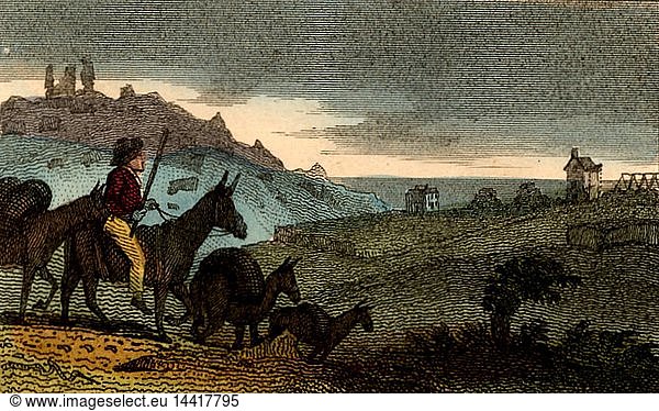 Cornish tinners using pack mules to carry their ore from the mine to the smelting house. From "Scenes in England" by the Rev. Isaac Taylor  London  1822. Hand-coloured engraving.