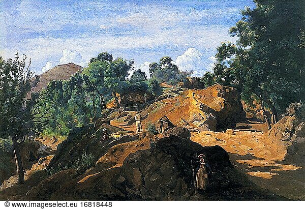 Corot Jean Baptiste Camille - a Chestnut Wood Among the Rocks - French School - 19th Century.