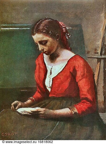 Corot Jean Baptiste Camille - a Girl Reading 1 - French School - 19th Century.