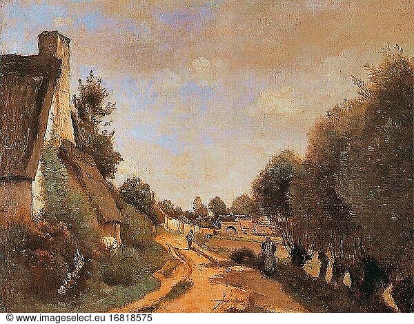Corot Jean Baptiste Camille - a Road near Arras (the Cottages - French School - 19th Century.