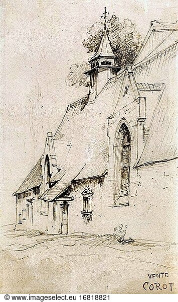 Corot Jean Baptiste Camille - a Village Church - French School - 19th Century.