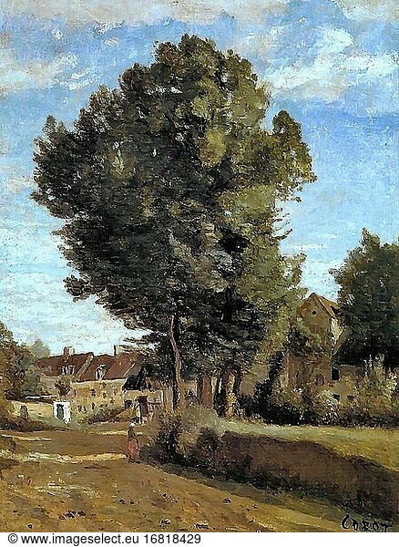 Corot Jean Baptiste Camille - a Village near Beauvais - French School - 19th Century.