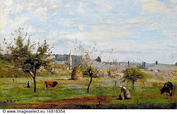 Corot Jean Baptiste Camille - a Village near Mantes - French School - 19th Century.