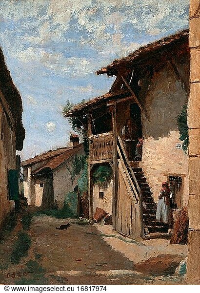 Corot Jean Baptiste Camille - a Village Street Dardagny - French School - 19th Century.