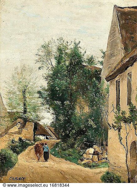 Corot Jean Baptiste Camille - Auvers Une Rue De Village Avec Une Paysanne Et Sa Vache - French School - 19th Century.