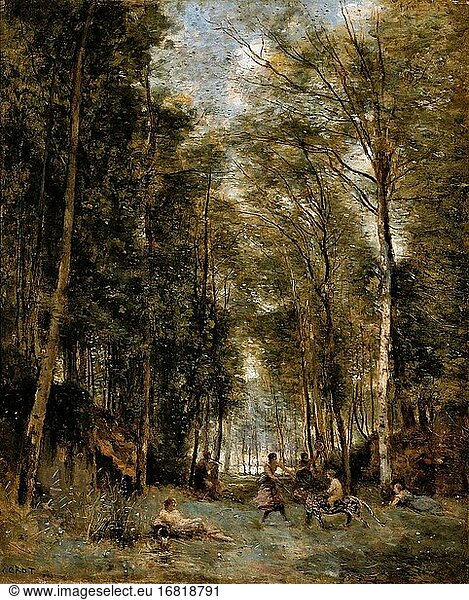 Corot Jean Baptiste Camille - Bacchanal at the Spring - Souvenir of Marly-Le-Roi - French School - 19th Century.