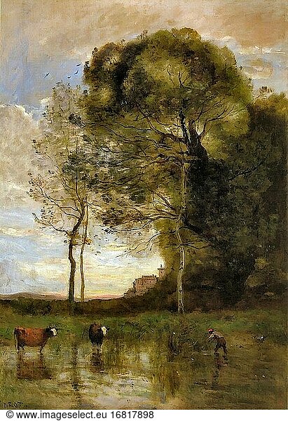 Corot Jean Baptiste Camille - Banks of a Pond with Two Cows Italian Souvenir - French School - 19th Century.