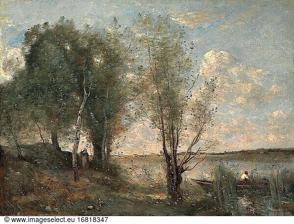 Corot Jean Baptiste Camille - Barge on a River Board 2 (Boatman Among the Reeds) - French School - 19th Century.