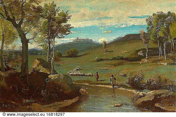 Corot Jean Baptiste Camille - Campagne Romaine - Vall?e Rocheuse Avec Un Troupeau Des Moutons - French School - 19th Century.